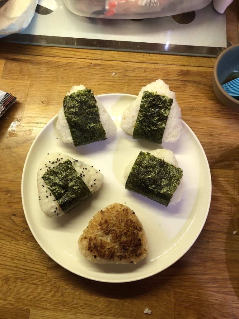 First attempt at onigiri; tuna-Mayo, umeboshi, yaki onigiri, okaka, and black sesame and salt for the leftover rice