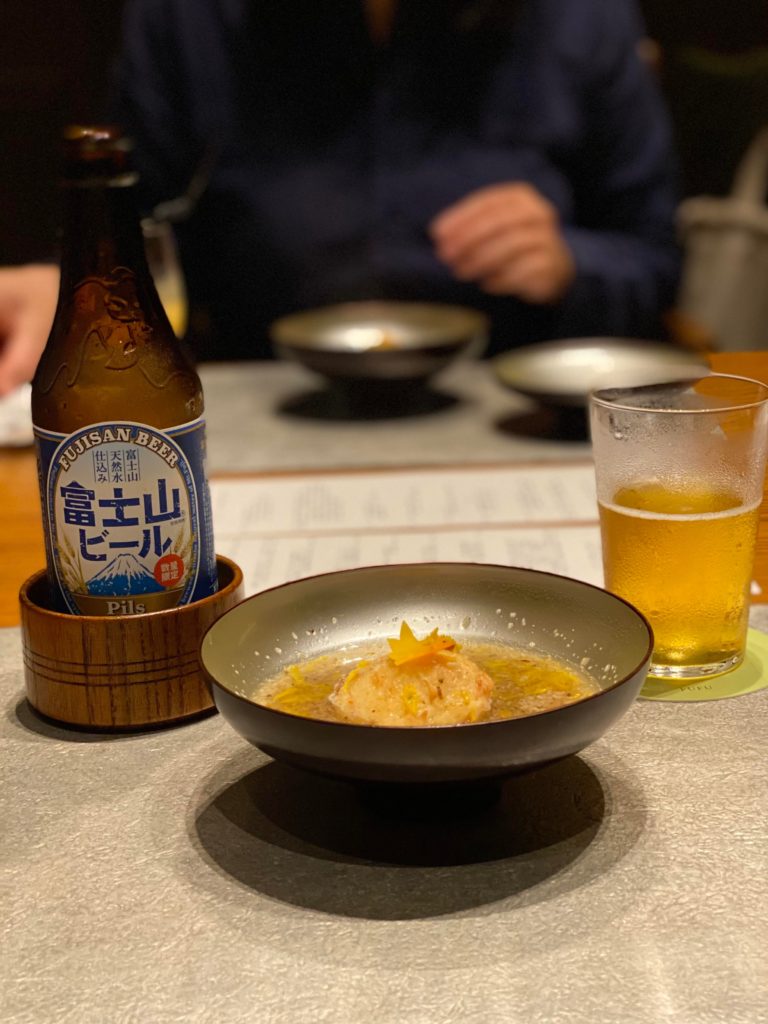 Seven different types of local seasonal mushrooms with chrysanthemum, minced crab and a hint of yuzu — from the Fujikawaguchi area.
