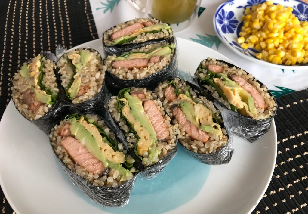 Teriyaki salmon brown rice onigirazu