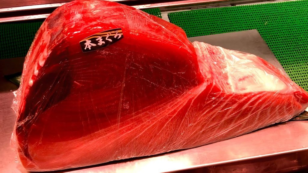 Japanese Street Food - Bluefin Tuna SUSHI, Seafood Street, Kuromon Market in Osaka Japan