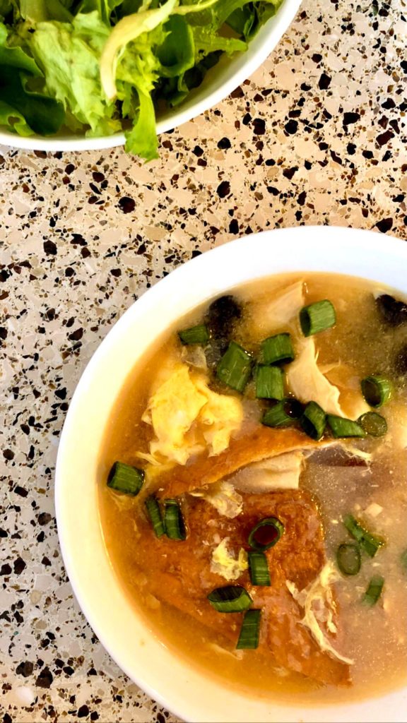 Thrown together Japanese inspired soup: miso/dashi base with rehydrated shiitake & woodear mushrooms, yuba, aburaage, with egg strands dropped in. Added chili oil after. Excited for the leftovers!