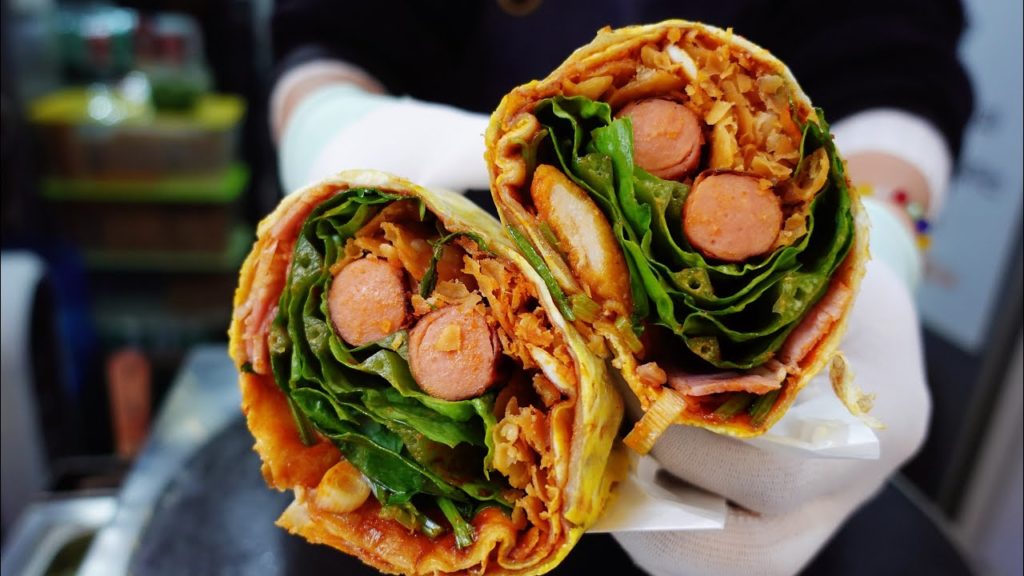 Chinese pancake, Egg Crepe Sandwich, Korean street food (Sausage+Bacon+Chicken+Romaine)