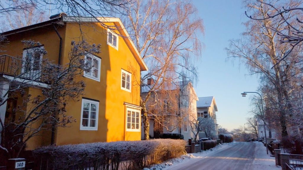 Winter Walk in Stockholm: Nockeby Residential District at Sunset (4K)