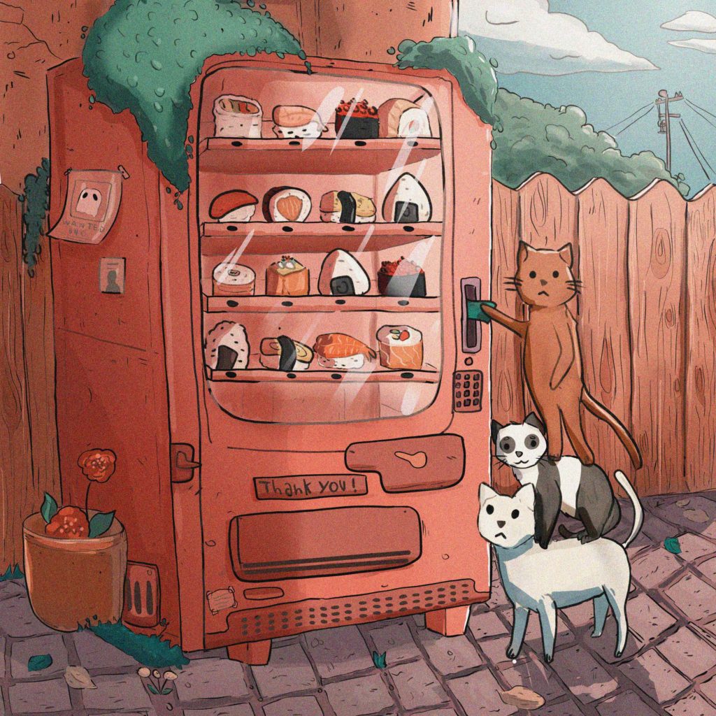 Cats buying Soshi from the vending machine illustration i illustrate on clip paint studio