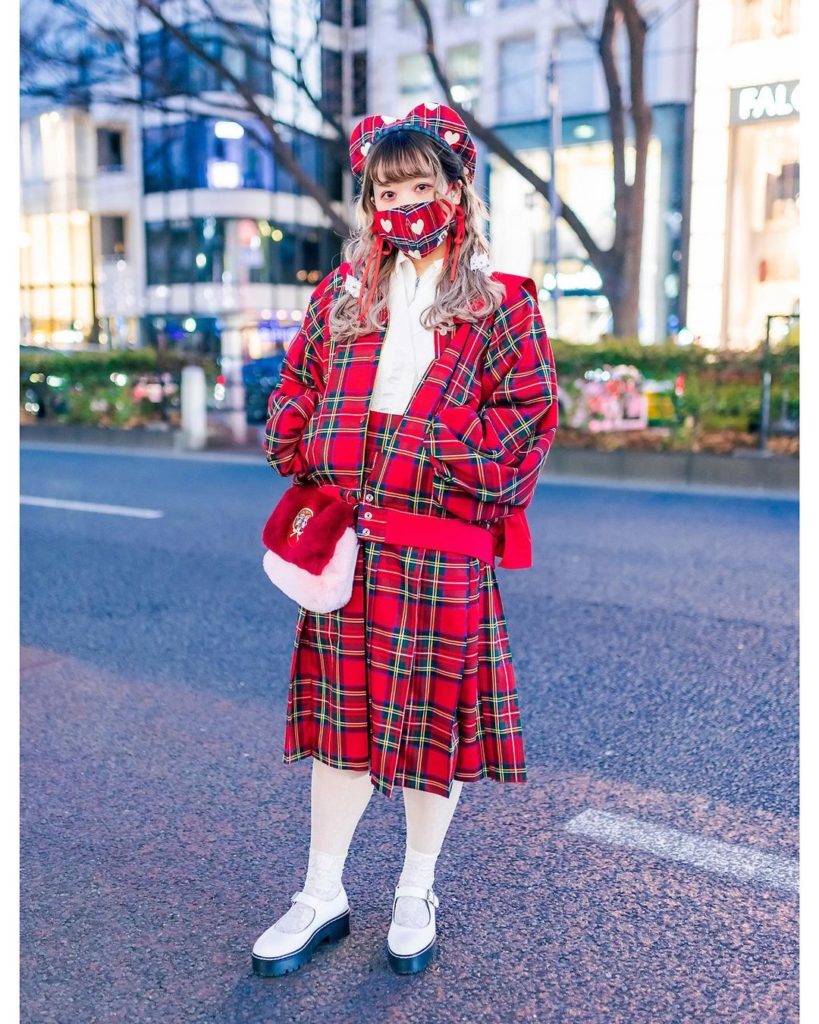Akari (@akari07k) on the street in Harajuku wearing a red plaid bomber jacket an...