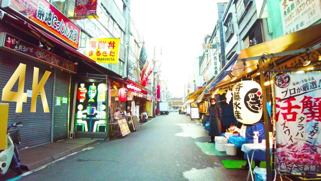[4K ASMR] Tsukiji Evening Walk in Tokyo, Japan (Nonstop 1 h 02 min) Tsukiji Outer Market