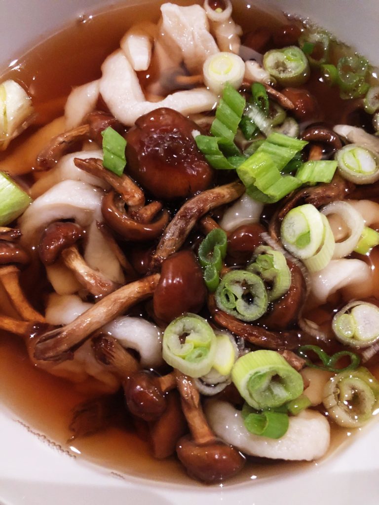 Handmade udon in a shiitake-maitake broth, with nameko and scallions