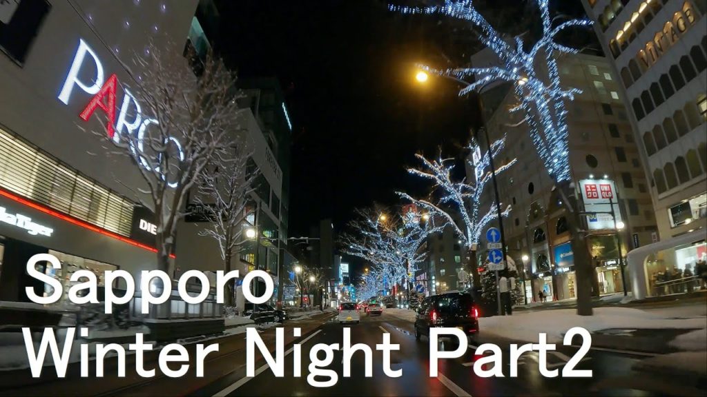 Tour in Downtown Sapporo in Winter Night Part2 - Driving in Japan 4K