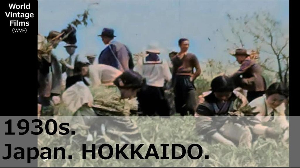 1930s. JAPAN Hokkaido.Color images. Lakeside. Girls picking flowers and beautiful women in kimono. 1930s. JAPAN Hokkaido.Color images. Lakeside. Girls picking flowers and beautiful women in kimono.