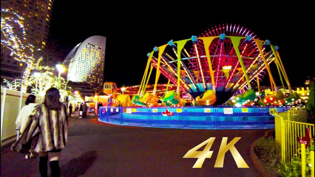 [Minato Mirai Night Walk in Japan] Amusement park at night ♫ (4K ASMR non-stop 1 hour 08 minutes)
