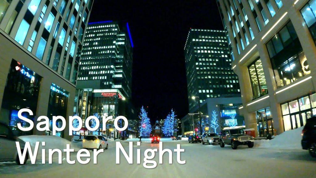 Tour in Downtown Sapporo in Winter Night Part1 - Driving in Japan 4K