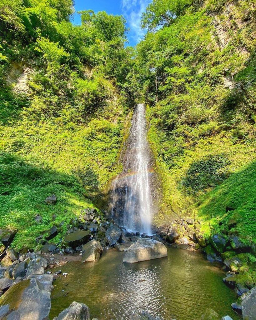 The raining waterfall. The graceful Amedaki Falls in Tottori Prefecture rain dow...