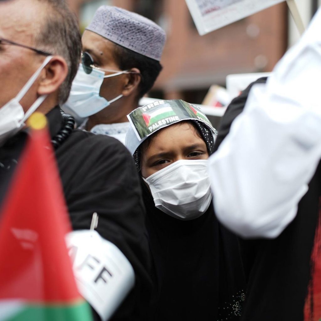 Hundreds gathered in front of the Israeli Embassy in Tokyo on May 21 to protest ...