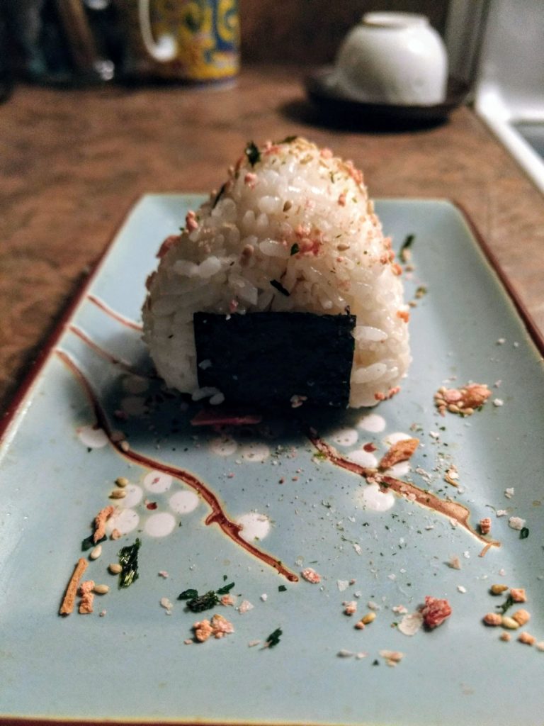 Onigiri w/ baked lemon salmon filling and salmon furikake.
