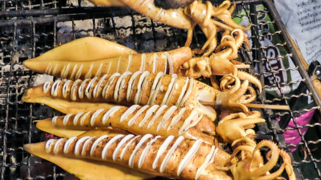 Bangkok Street Food. Squids, Shrimps, Shells and Seafood Grilled