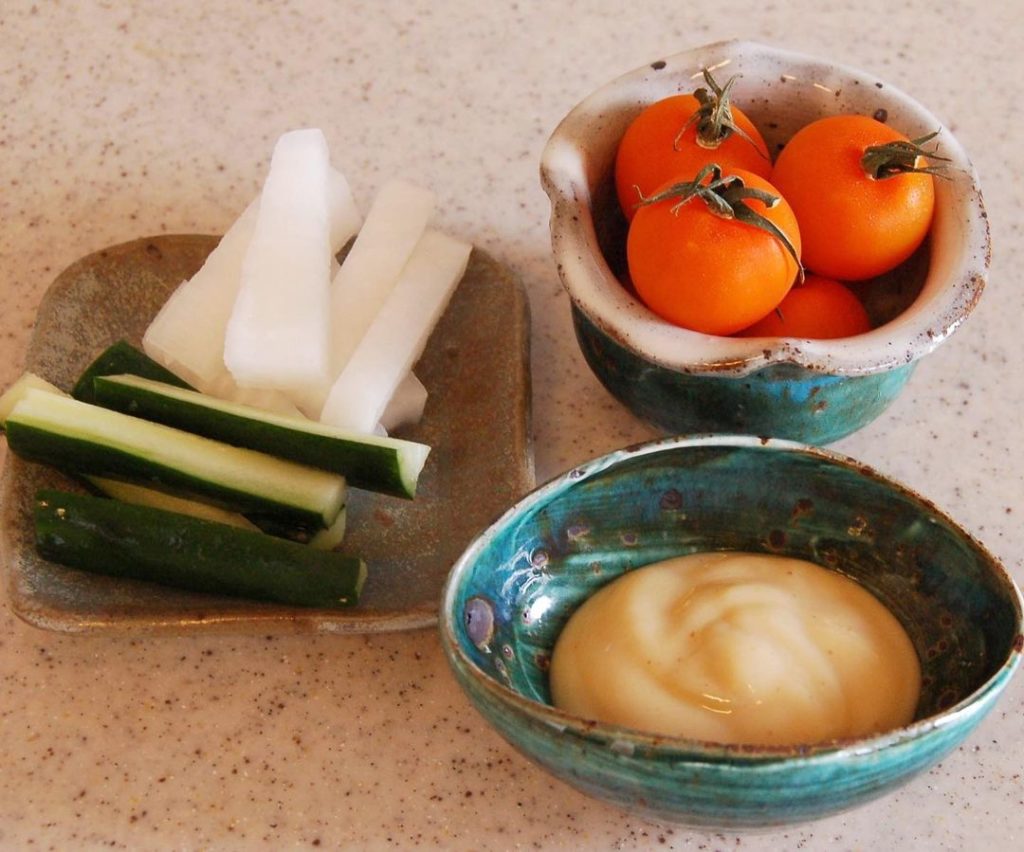 "Karashi-su-miso" sauce combines sour (vinegar), salty (miso) and spicy ("karash...