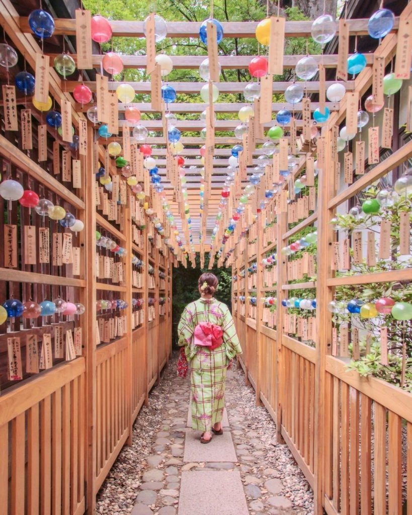 How colorful are the windchimes! 
This corridor of colorful Furin (wind chimes) ...