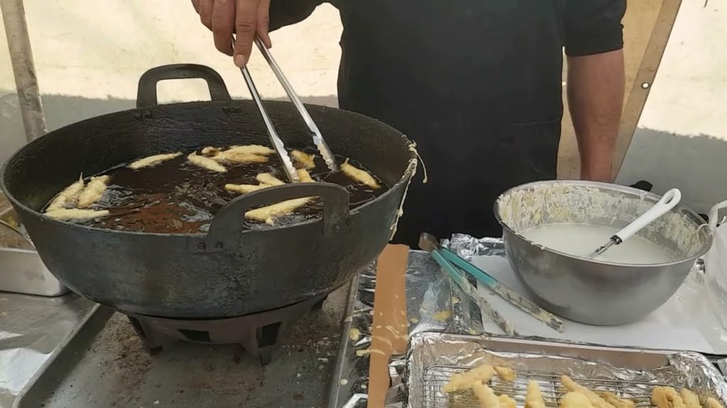 Tempura Japanese Fried Fish and sweet potatoes,Japanese street food.