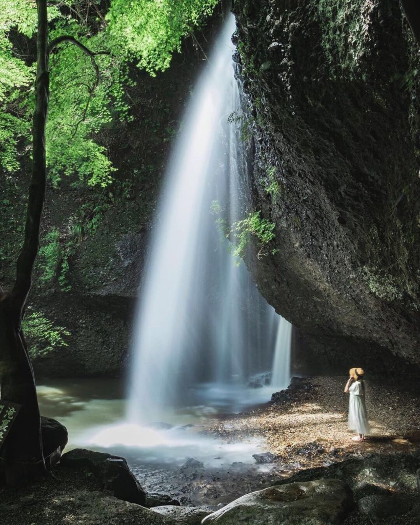 Tsukimachi Falls flows out in three separate streams from 55 feet above to creat...