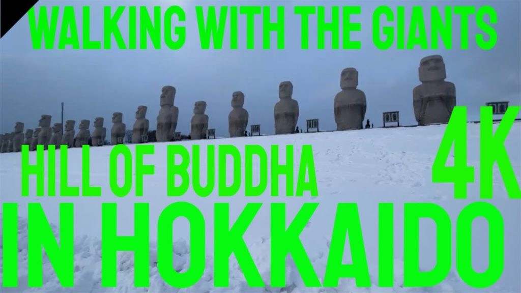 Walking with the Moai Giant statues- Daytime winter walk in Sapporo, Hokkaido, Japan