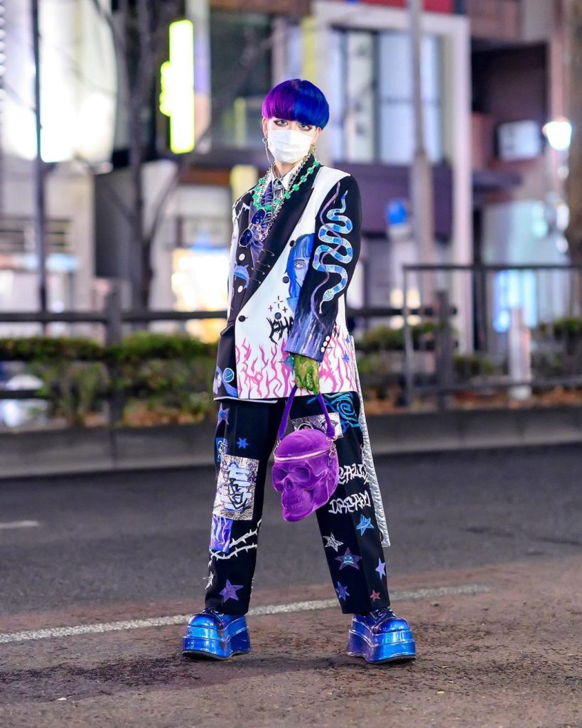 19-year-old Yu (@y_______ioi) wearing hand-painted fashion on the street in Hara...