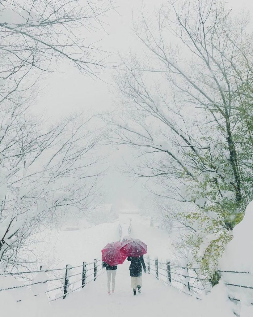 We're loving these pops of red against the bright white snow around Shirakawago!...
