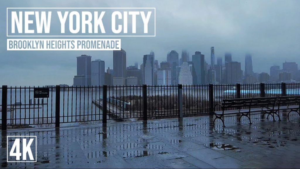 4K Relaxed walk. Brooklyn Heights Promenade. New York City rain sounds