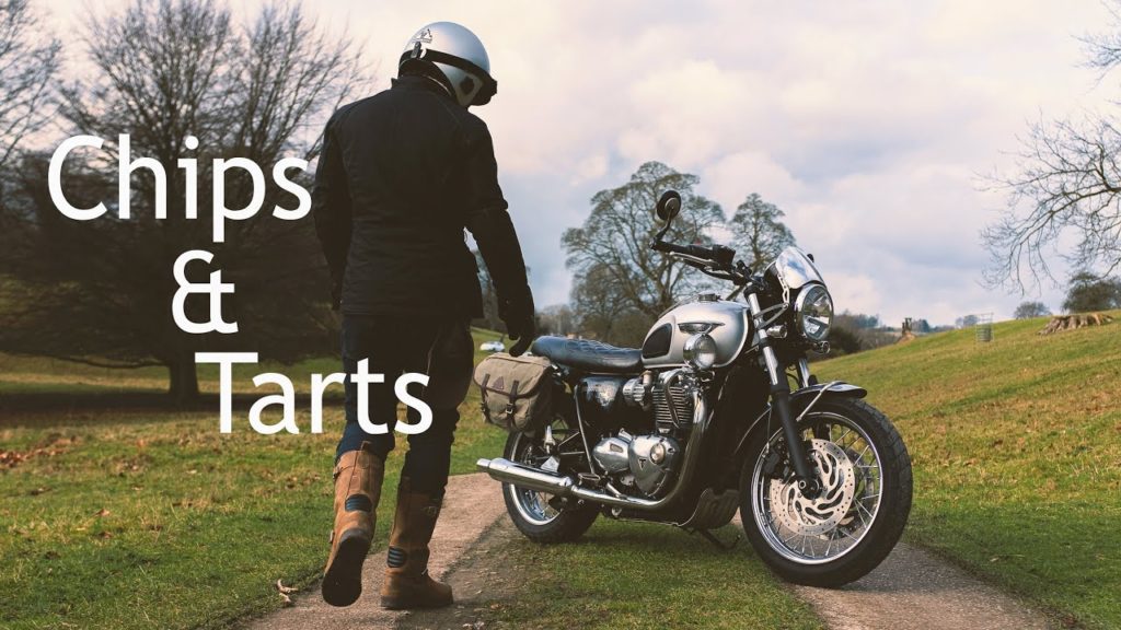 A Triumph Bonneville T120 with chips and tarts.