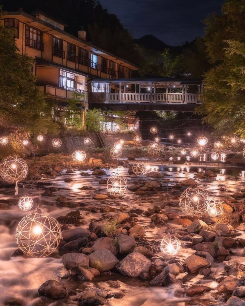 Each year, about 300 bamboo lanterns illuminate the river of Kumamoto’s Kurokawa...