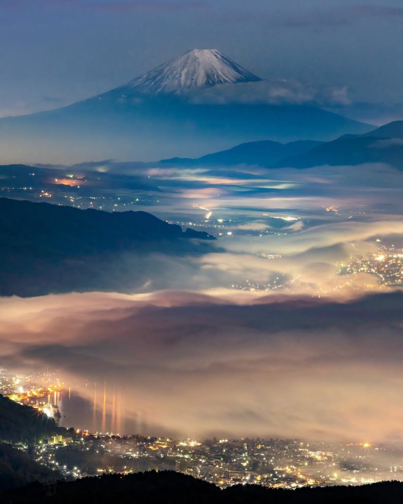 Mt. Fuji and Suwa-ko Lake covered in clouds (4 am)