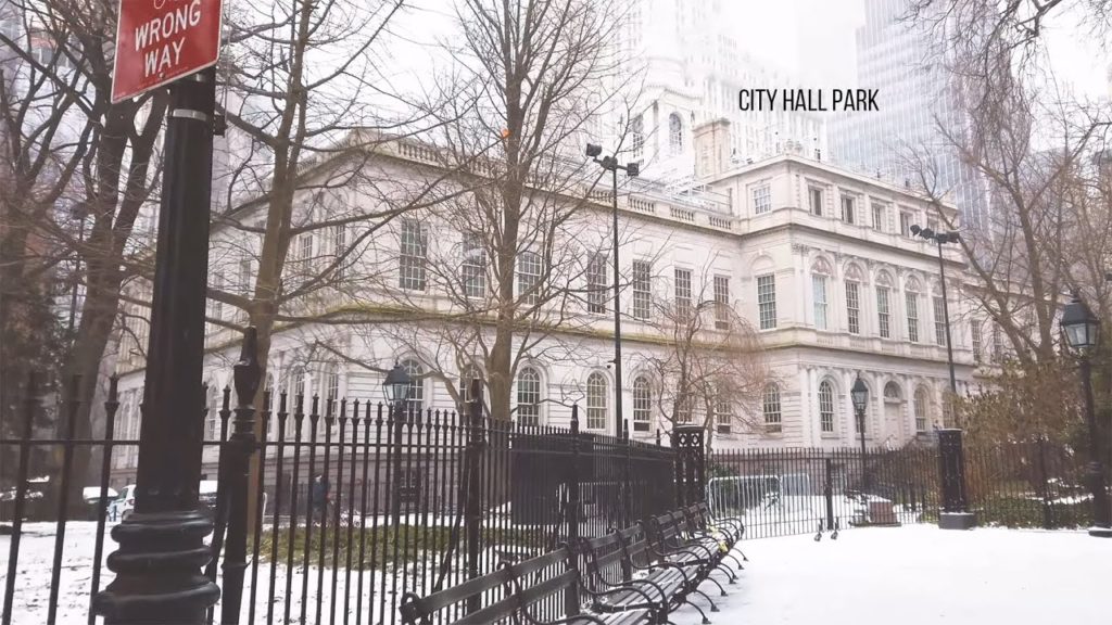 Icy walk through City Hall Park. New York City. 4K ASMR