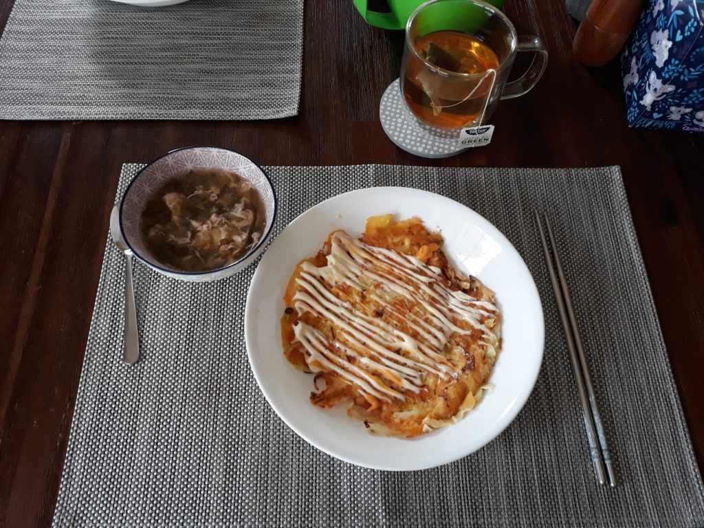My first attempt at making Okonomiyaki and it is delicious!