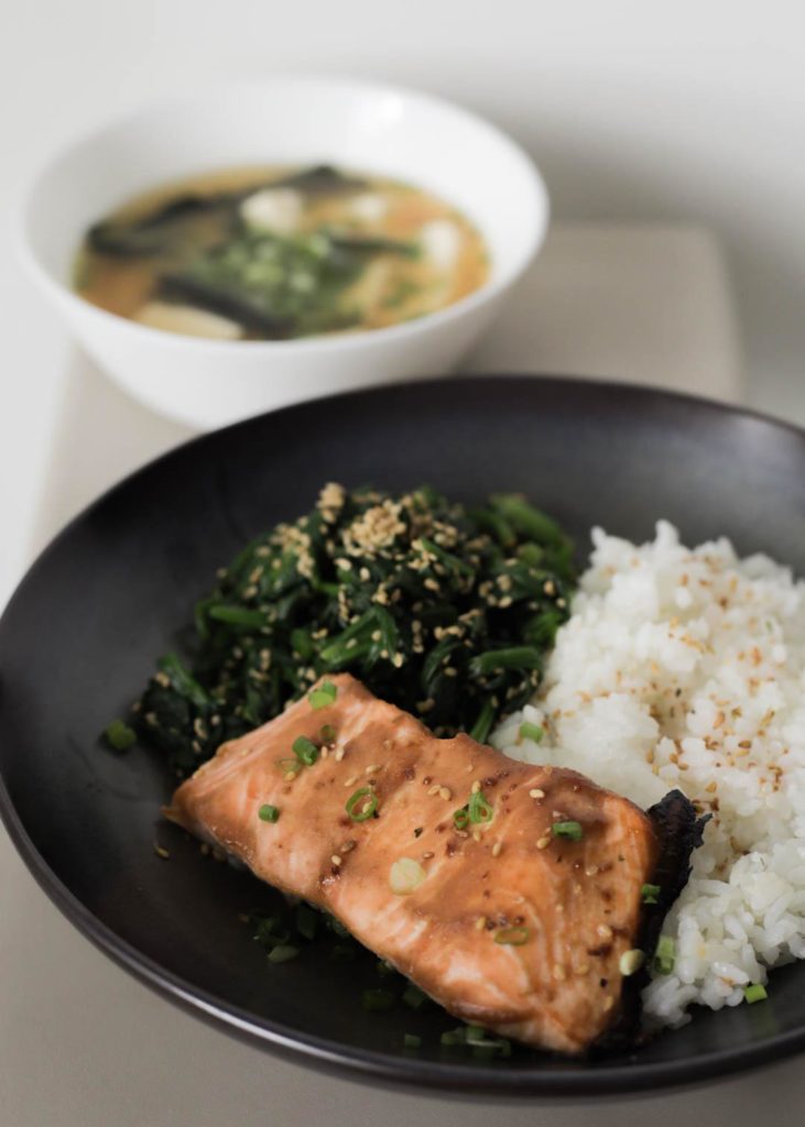 A lazy person’s miso salmon, spinach gomaae, and miso soup!