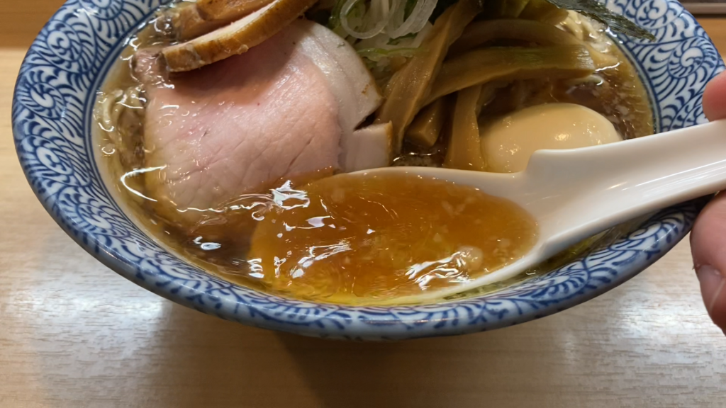 Shoyu ramen soup at Chukasoba Takano in Tokyo - made of chicken and niboshi