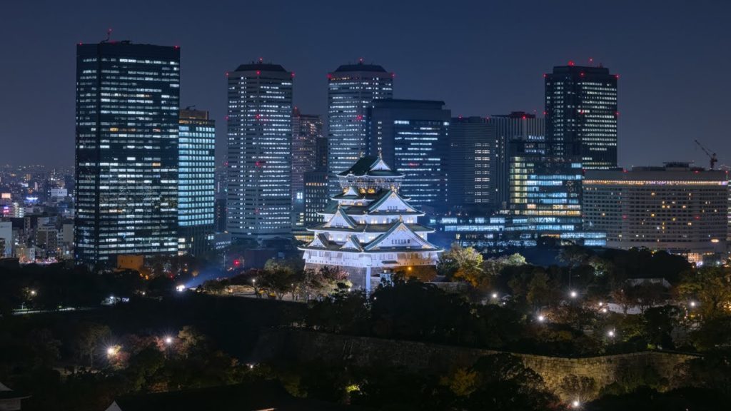 [4K] OBP 大阪ビジネスパークの夜景 大阪城天守閣 Osaka Business Park & Osaka Castle by Night Japan