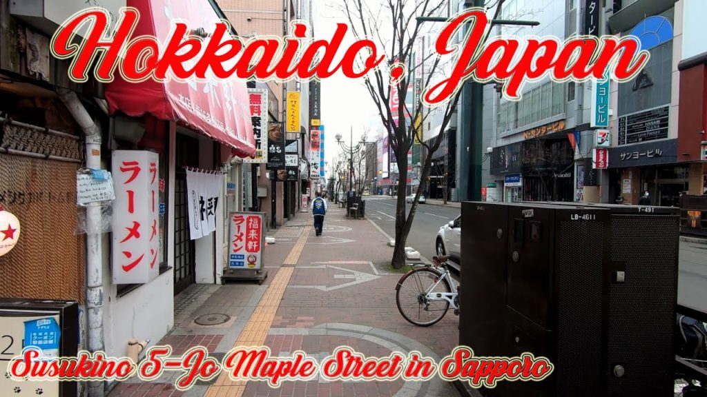 Walking in Hokkaido, Japan. Susukino 5-Jo Maple Street in Sapporo. ORANGE ua