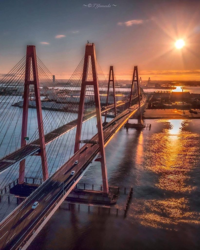 An aerial shot of the world-class Meiko Triton Bridges, the three off-shore cabl...