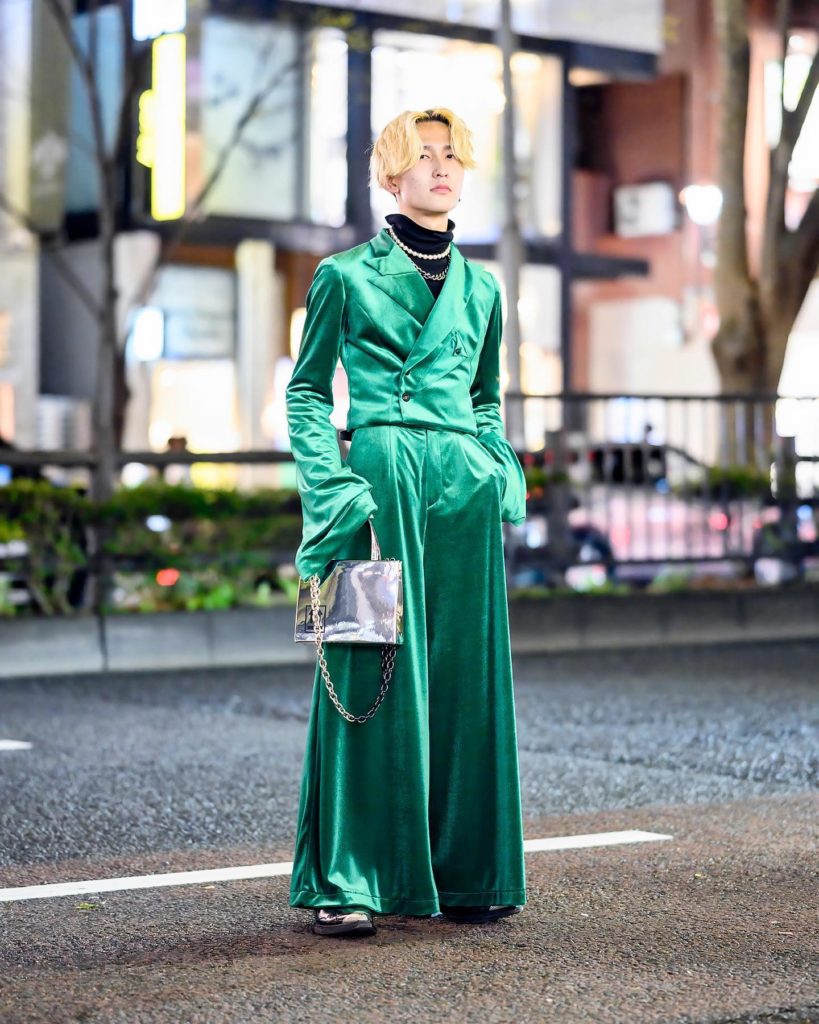 Japanese fashion designer Keigo (@_kas_0609) on the street in Harajuku wearing a...