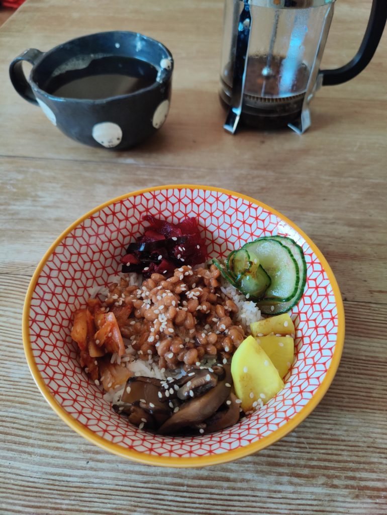This morning's breakfast - rice, natto and leftover pickles from last night's dinner