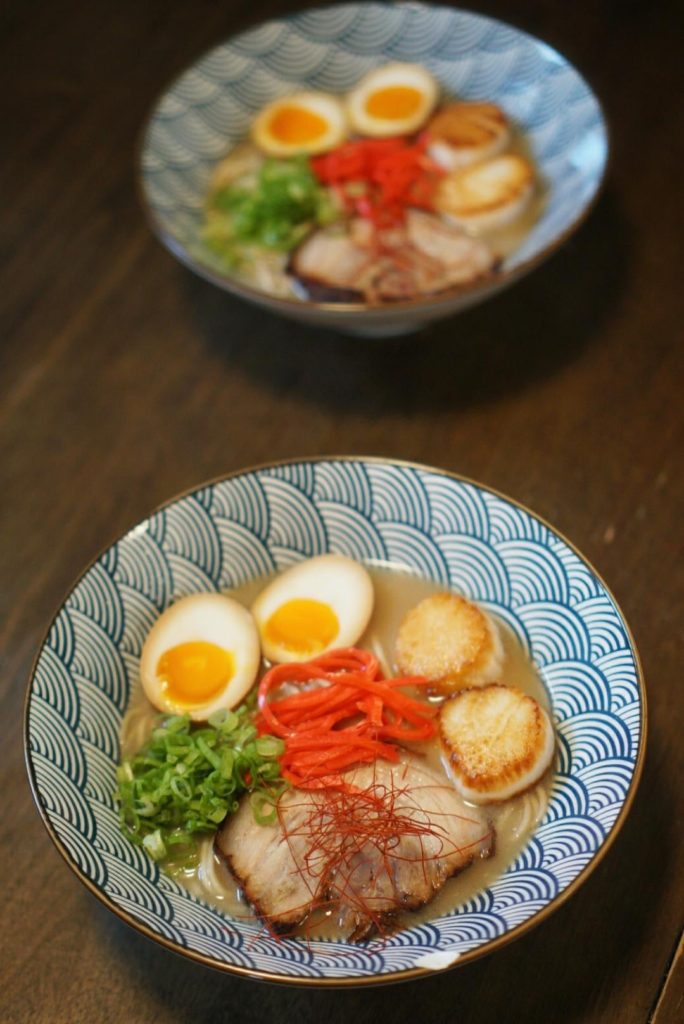Shoyu tonkotsu/dashi with pork belly, seared scallops, soft egg and homemade noodles
