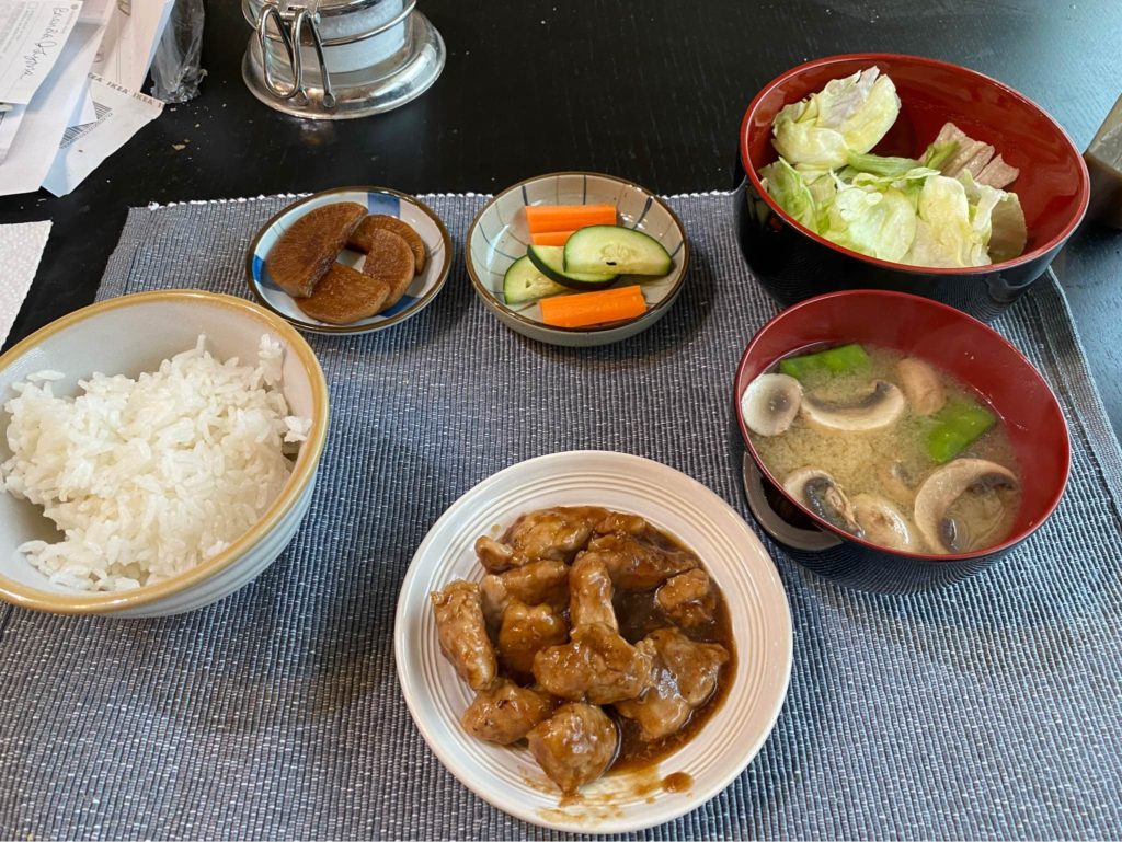 Tonight's dinner: Homemade ginger pork, soy pickled daikon, miso soup with mushrooms and snow pea pods.