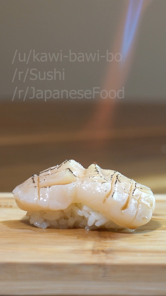 Aburi Hotate (seared scallop nigiri) with yuzu kosho and yuzu