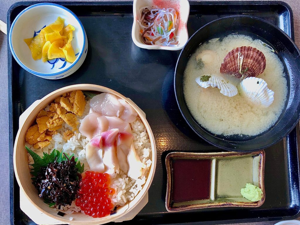 Chirashi and miso soup by the lake in Hokkaido