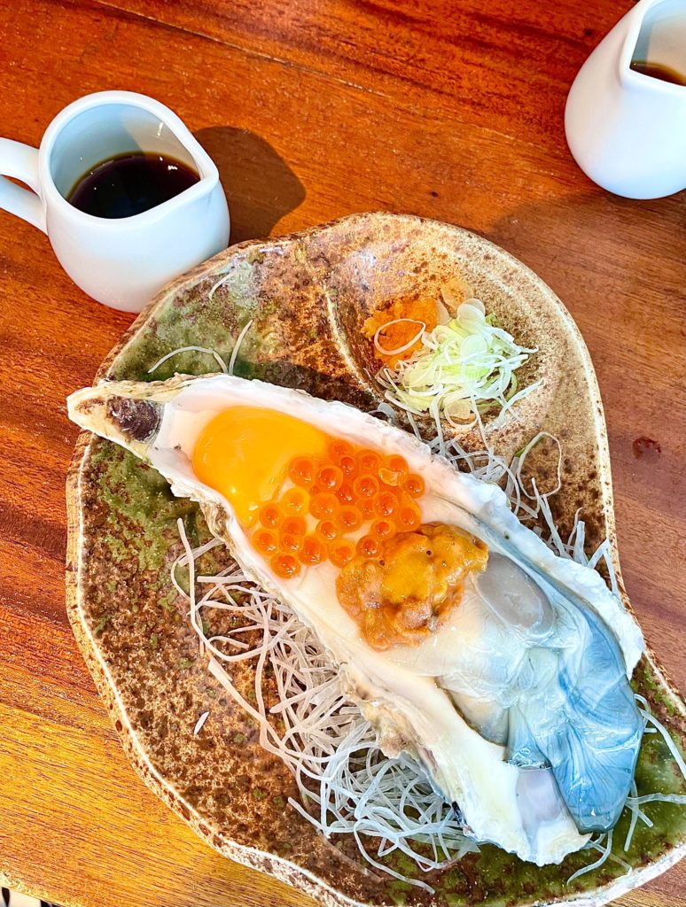 Hokkaido kaki special — Hokkaido oyster with Japanese uni, ikura, and egg yolk