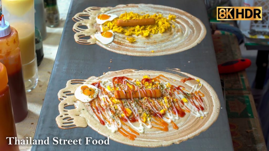 Phuket Street Food - Khanom Tokyo - Thai Pancake Rolls with Quail Egg and Sausage- ขนมโตเกียว- in 8K