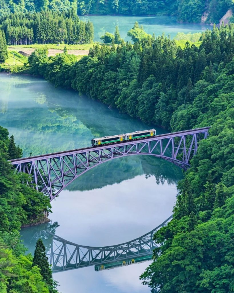Visit Japan: Get a load of that view! 
A train crosses the famous No. 1 Tadami River Bridg… Get a load of that view! 
A train crosses the famous No. 1 Tadami River Bridg...
