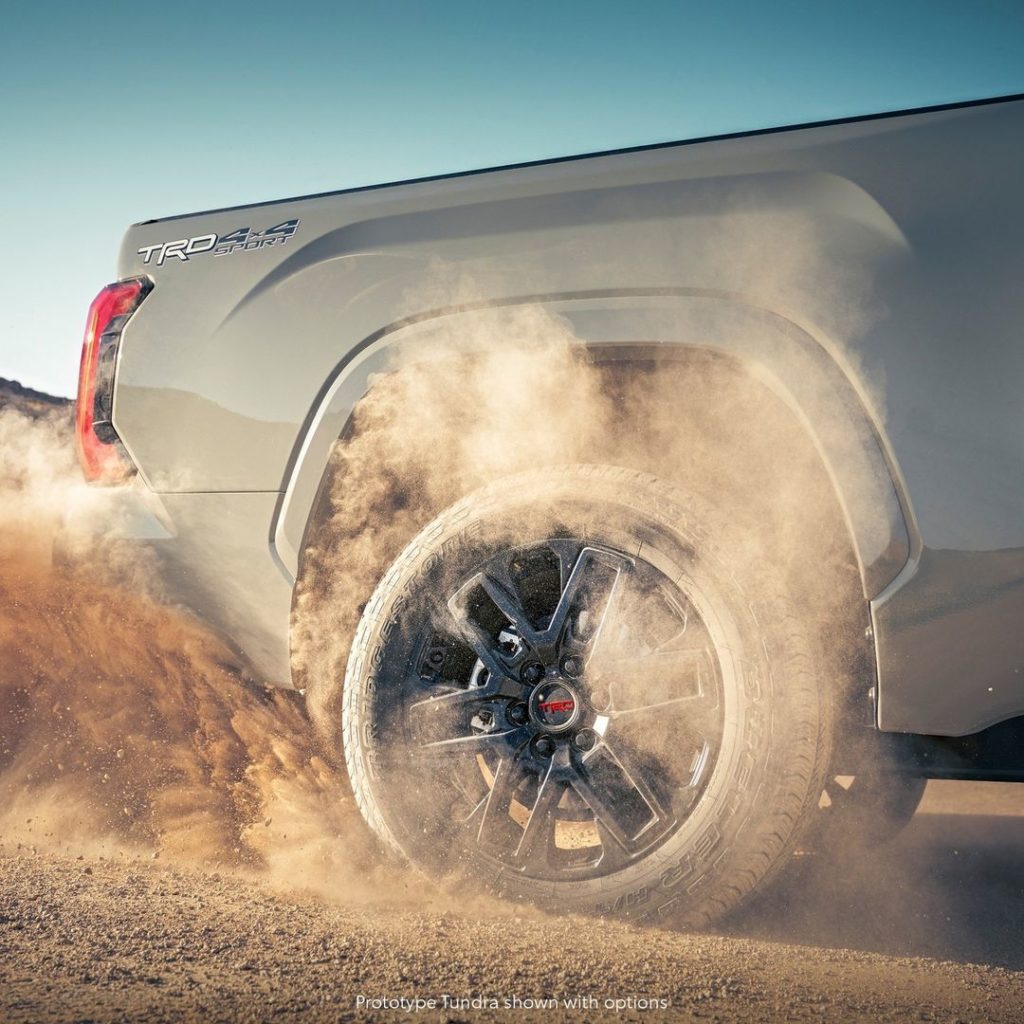 Strong and lightweight, 20-in. #TRD Sport alloy wheels with a matte-black finish...