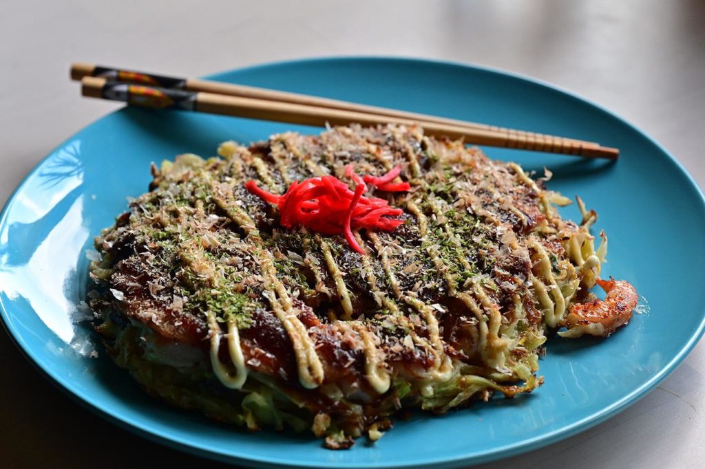 Okonomiyaki with pork belly and shrimp