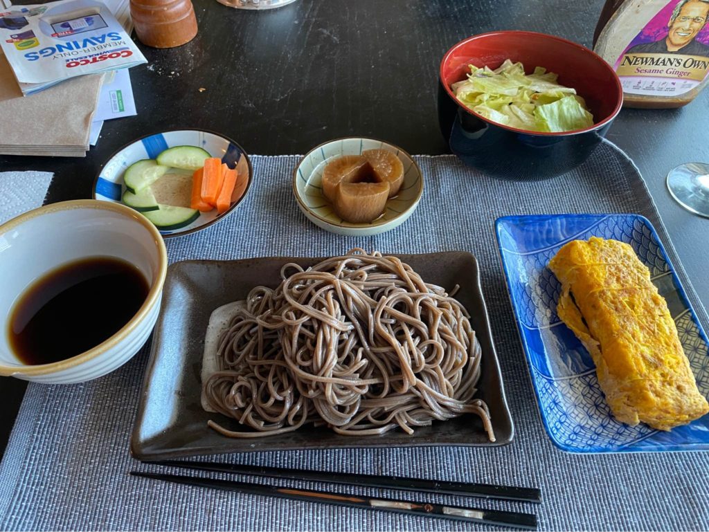 Hot weather dinner... Cold soba noodles and dipping sauce (homemade), tamagoyaki (served cold), simmered daikon, veggies with sesame dipping sauce, salad.