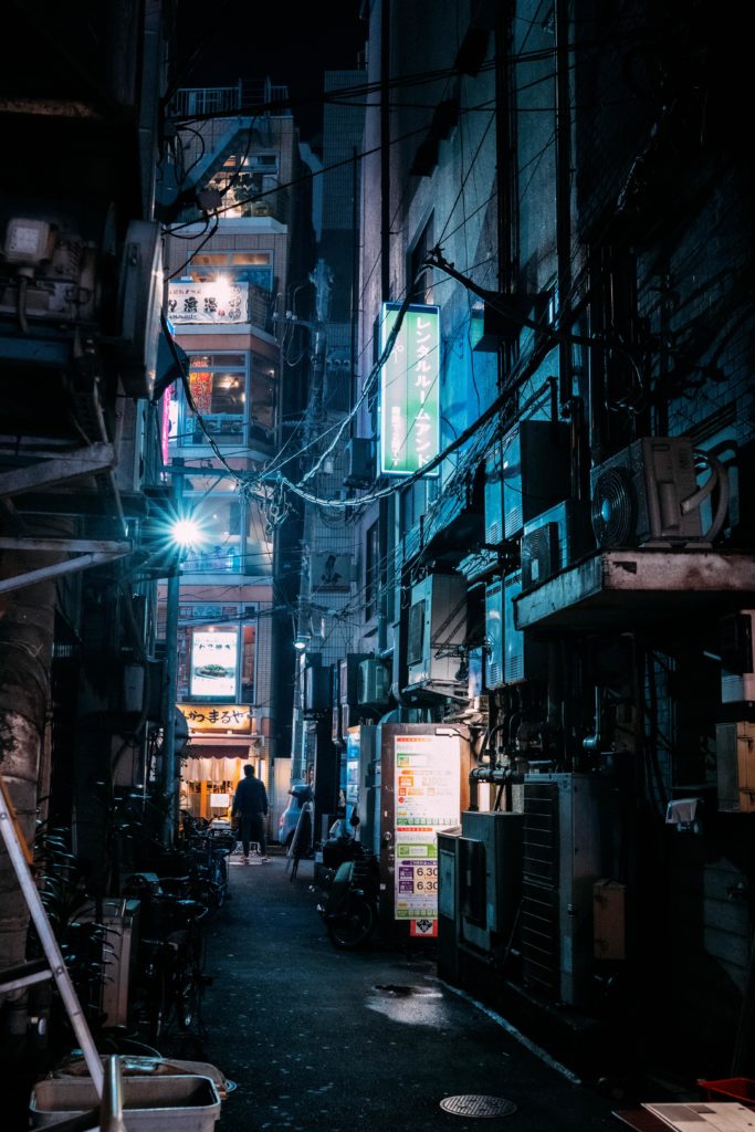 Cyberpunk vibes in a Shimbashi alley.